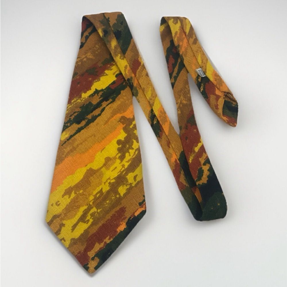 Vintage Hawaiian Bark Cloth Retro 60s 70s Neck Tie abstract Brown Orange Yellow